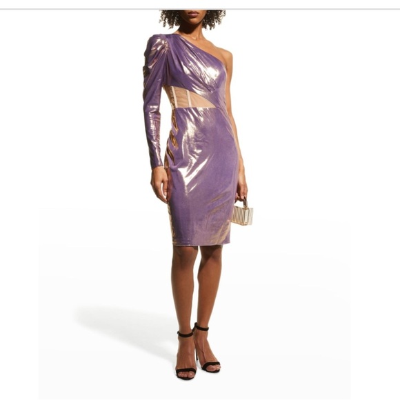 Marchesa Notte One Arm sheer cutot lilac Lame Corset Bodice Cocktail Dress size4 - Picture 5 of 5
